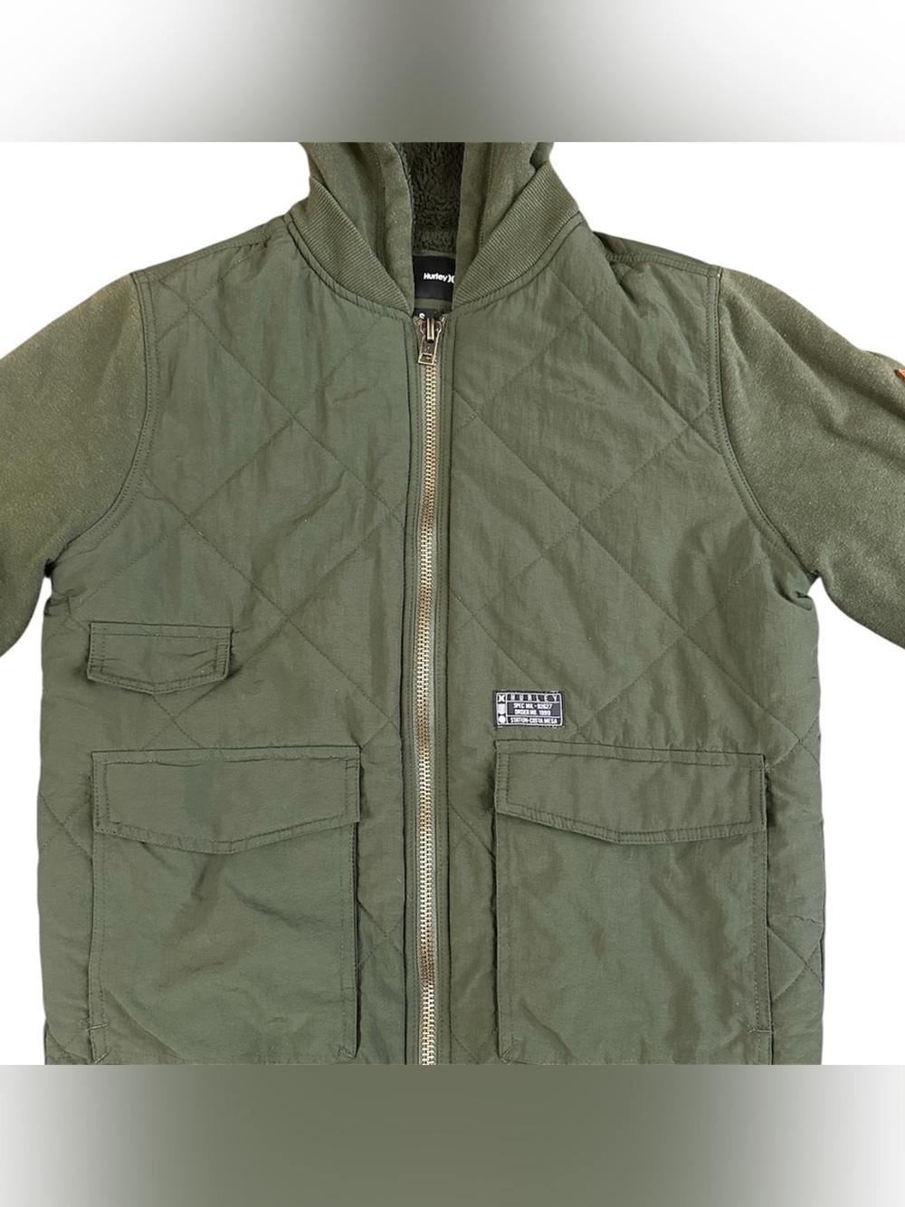 Hurley Olive Green Quilted Hooded Jacket Men’s Small Sherpa Lined Full Zip